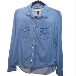Prince & Fox Jean button-down, chambray denim collared long sleeve top  LARGE